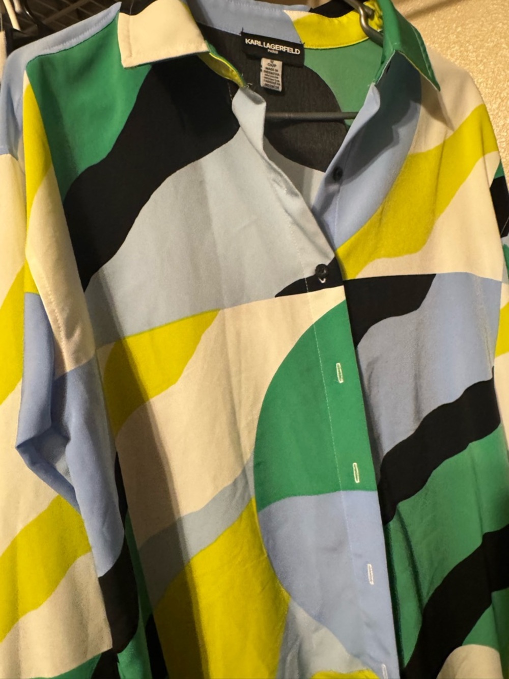 Karl Lagerfeld Green Yellow Blue Black Wave-Print Button Shirt